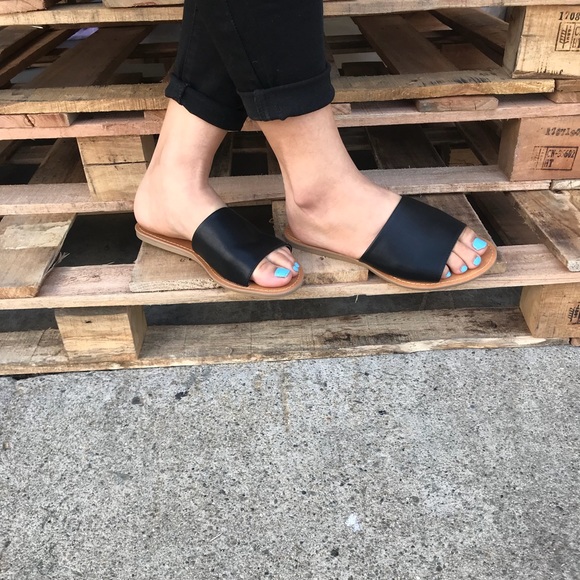 Black Slip-on Vegan Leather Wide Band Slide Sandal - Picture 2 of 6